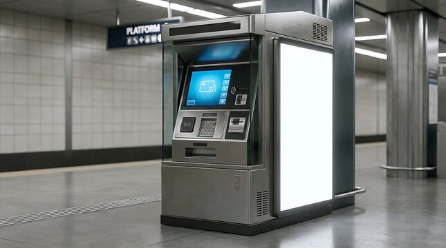 Modern subway ticket vending machine with blank screen and advertising display on a clean station platform