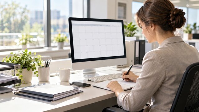 Businesswoman writes notes at a modern desk with a computer showing a blank calendar, surrounded by plants and office supplies in a bright office space
