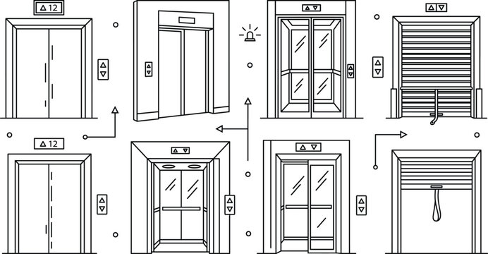 Elevator lift door line icon set with open closed glass entrance garage rolling shutter up down button symbols