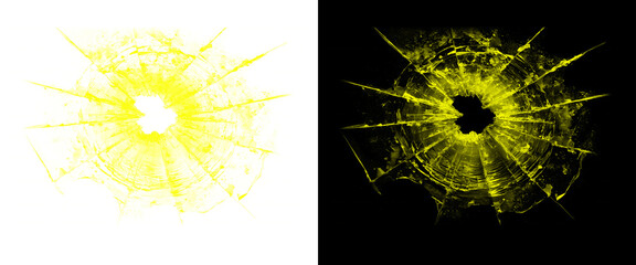 Yellow bullet hole in glass, shattered glass texture with radial cracks, broken window impact effect on white and black backgrounds © Stocker BD