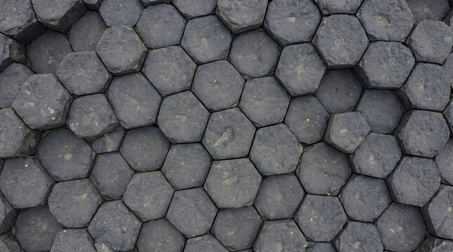 Dark hexagonal basalt rock column texture, natural volcanic stone background