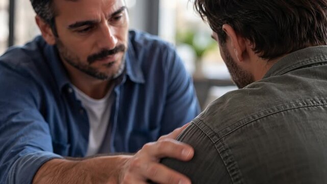 Two men having a supportive conversation, highlighting men's health awareness, emotional support, mental wellbeing, communication, friendship, prevention, and seeking help.