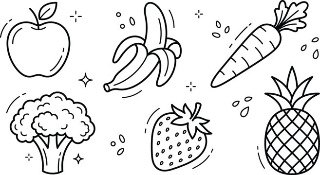 Healthy fruit and vegetable vector icon set with apple banana carrot broccoli strawberry pineapple line art doodle elements