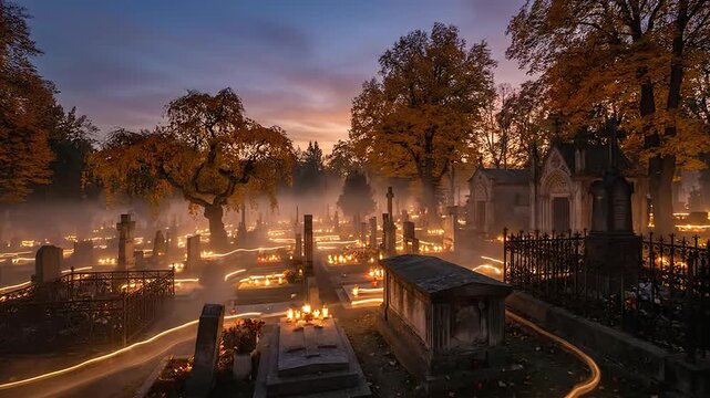 Glowing candles illuminate an old cemetery during a misty autumn sunset.