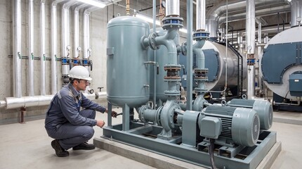Fototapeta premium Industrial Boiler Room Maintenance and Piping Inspection