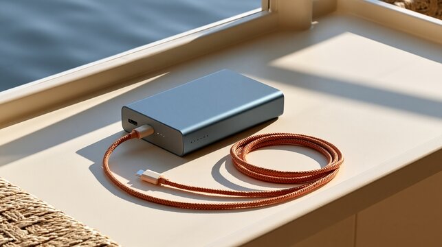 Modern blue power bank with orange cable on a sunny windowsill display
