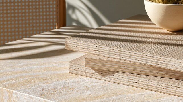 Minimalist wooden plywood boards and marble table in sunny interior room