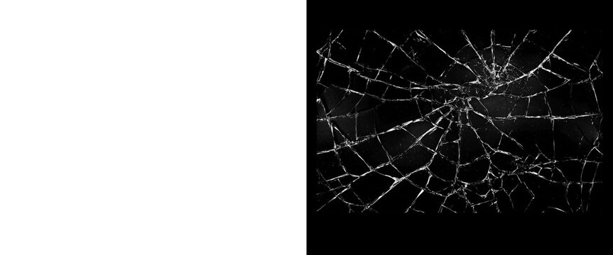 Shattered glass texture on black background, realistic broken window pane overlay, cracked screen effect for photo editing and graphic design