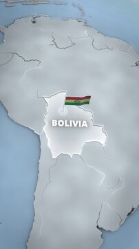 Vertical 3D geographic map of Bolivia with national flag and text label. Sleek white topography for mobile travel app promos, short-form educational videos, and smartphone infographics.
