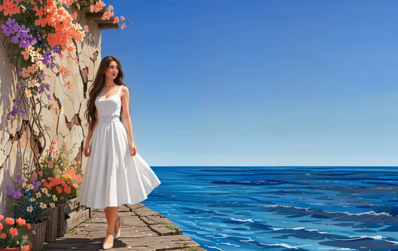The a woman in a white dress stands on a pier next to a blooming wall, gazing out at the vast, beautiful blue ocean under a bright sky.