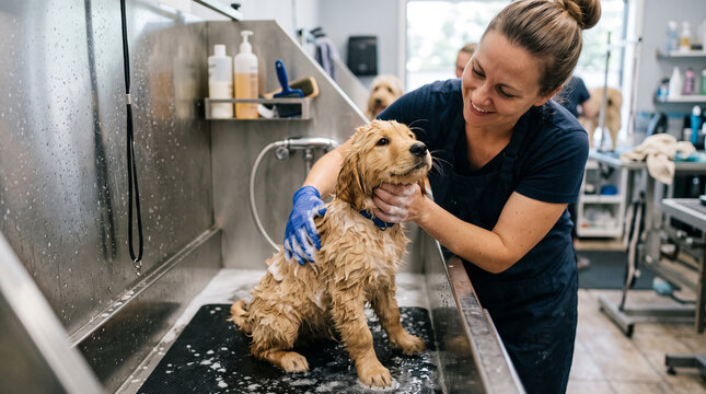 A gentle professional pet groomer carefully washes a cute fluffy golden retriever puppy inside a specialized stainless steel tub at a bright modern grooming salon.