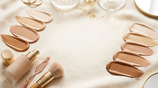 A makeup artist applies various shades of foundation to a light-colored cloth. Several foundation bottles and brushes are arranged around the foundation swatches.