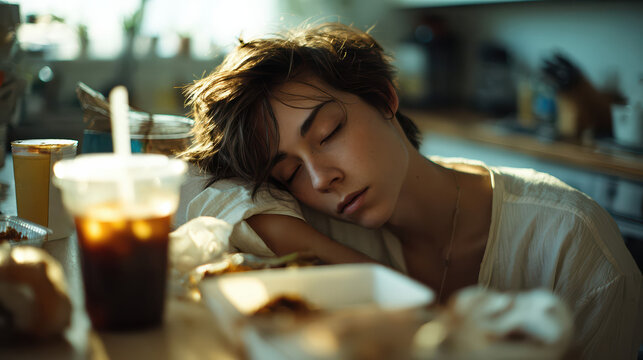 A young woman naps at a cluttered kitchen table surrounded by takeout and drinks. Warm sunlight and scattered food depict exhaustion and a slow-paced morning.
