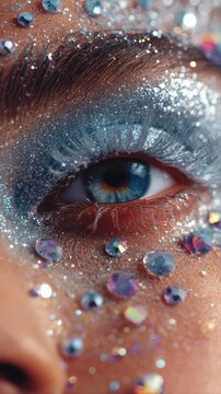 A closeup of a blue eye with shimmering glitter and rhinestone accents. Dramatic makeup and dazzling sparkles create a vibrant, glamorous look perfect for fantasy or fashion themes.