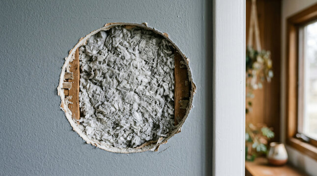circular hole in drywall for home repair | wall cavity insulation and wooden studs | house renovation project with exposed insulation | professional home inspection and wall repair