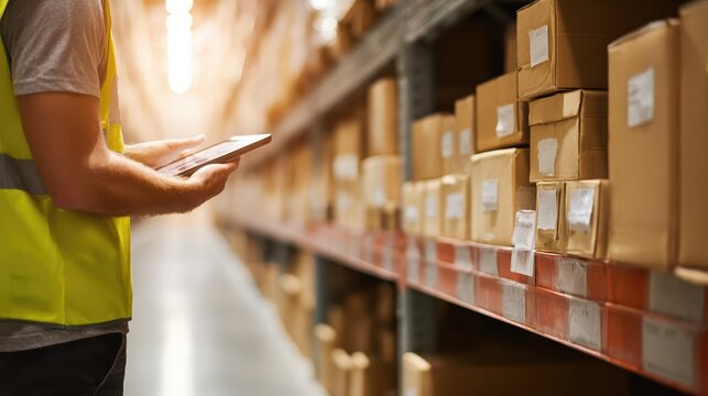 A warehouse worker uses a tablet to manage inventory. Rows of packages line industrial shelves, showcasing modern logistics and supply chain efficiency.