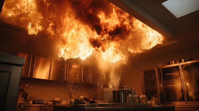 A fierce kitchen fire erupts with intense flames and thick smoke. The burning blaze creates a dramatic and hazardous emergency scene indoors.
