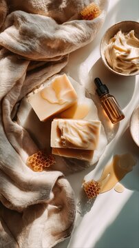 Artisan honey soap bars rest beside beeswax and luscious cream. This natural skincare arrangement highlights the luxury of handmade, moisturizing soap.