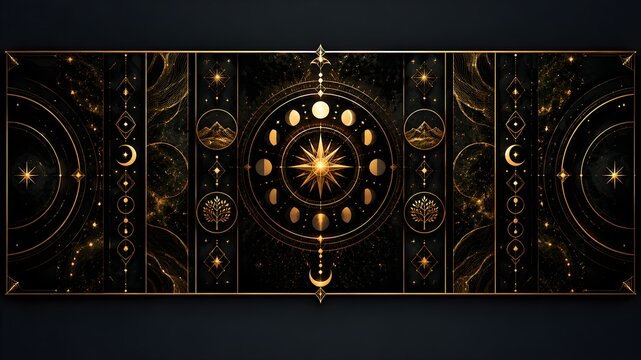 Celestial wall art mural with golden astrology symbols and sun elements on a black background