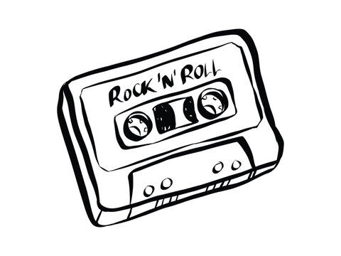 Retro cassette tape mascot with happy kawaii face, vintage 1980s music icon featuring flowing ribbon reels and playful hand-drawn doodle style design