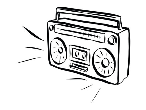 Retro boombox illustration with cassette tape player and speakers. Nostalgic 80s music recorder icon in doodle outline style for party designs.