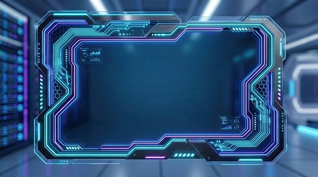 A futuristic, digital frame glows against a dark server room background. The frame features a complex circuit board design with neon blue and purple accents.