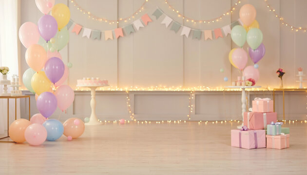 Cozy pastel party room setup with colorful balloons string lights and gifts with central copy space