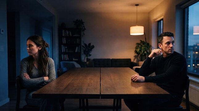 a couple sitting at opposite sides of a dining table in a dark room experiencing relationship problems and conflict.