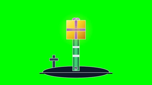 A gold gift box rising on a green pillar from a dark platform with crosses with featuring glowing aura around box elevates smooth vertical motion celebration