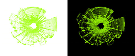 Neon green shattered glass bullet hole, radioactive glowing broken glass texture on black and white background, cracked glass impact effect © Creative Element