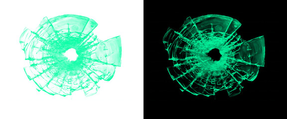Shattered glass bullet hole illustration, green glowing cracked window texture, broken glass impact effect on white and black background © Creative Element