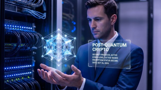 Professional businessman in blue suit observes holographic geometric shape displaying advanced encryption data with focused expression and sharp lighting indoors
