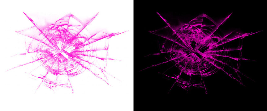 Pink shattered glass effect on black and white backgrounds, broken window texture with radial cracks, neon magenta splintered glass shards