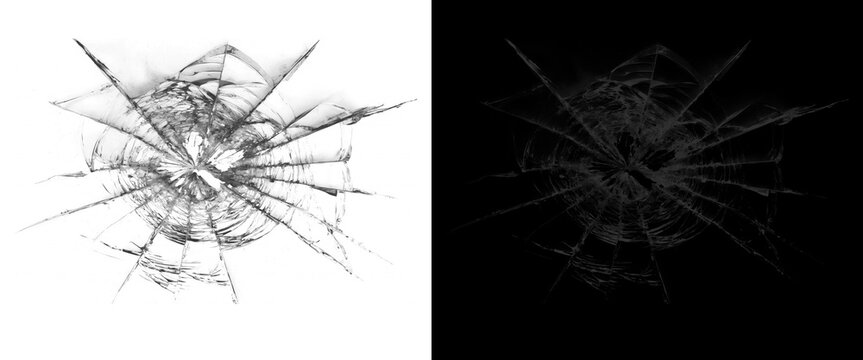 Shattered glass texture with radial cracks, broken window impact effect on white and black background, realistic glass shards and splintered surface