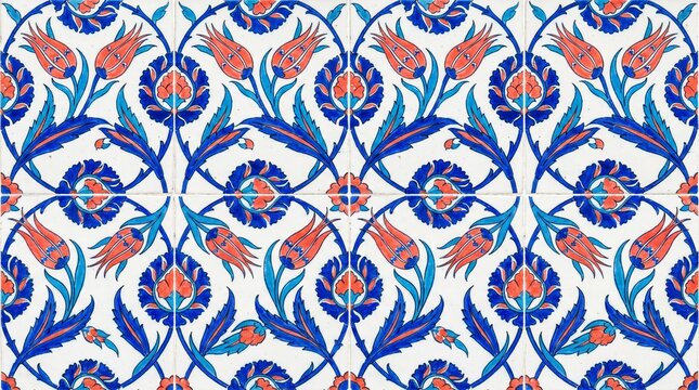 Seamless traditional Turkish Iznik ceramic tile pattern background with cobalt blue tulips and coral red floral motifs
