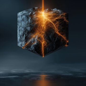 Dark stone cube with glowing golden energy cracks on textured surface. Blockchain technology, cryptocurrency security, digital asset and innovation concept