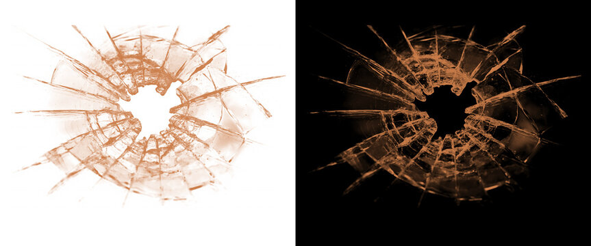 Shattered glass bullet hole illustration, broken window glass with radial cracks, copper tinted glass shards on black and white backgrounds