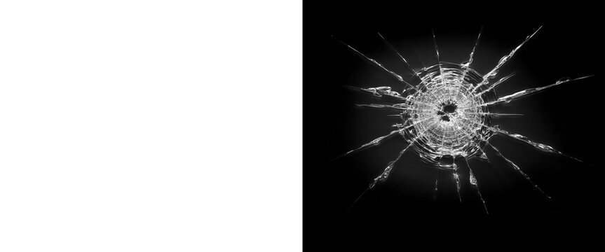 Shattered glass bullet hole on black background, realistic broken glass texture with radial cracks, smashed window impact effect for overlay