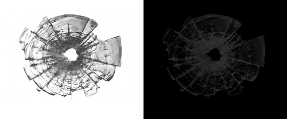 Shattered glass bullet hole illustration, cracked window glass texture on white and black background, broken glass impact effect for design © Creative Element
