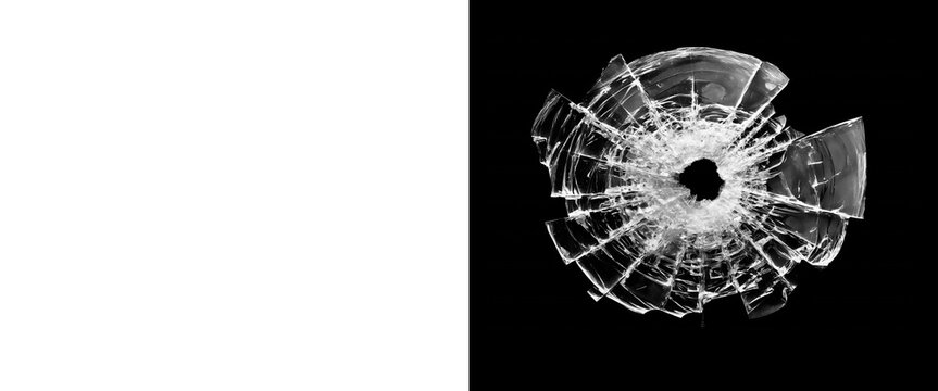 Shattered glass bullet hole on black background, realistic broken glass texture with radial cracks, damaged window pane effect for crime scene design