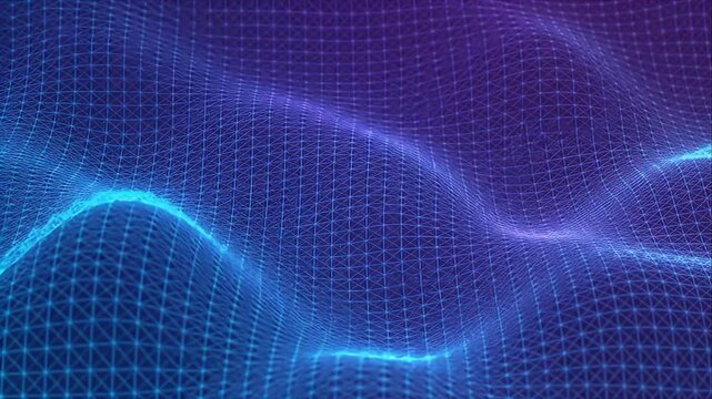 Abstract Blue Purple Digital Wave with Glowing Grid Pattern and Flowing Futuristic Neon Curves Creating Immersive Technology Data Landscape Cyber Space Background