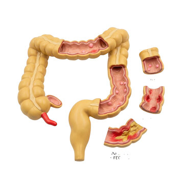 Anatomical model of the human colon showing various stages of disease and polyps isolated on transparent background