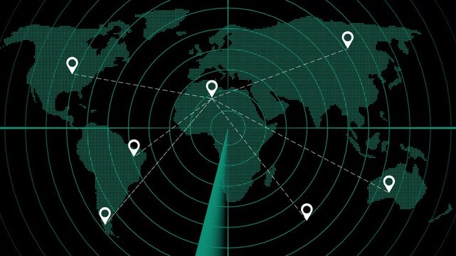 Futuristic green digital radar screen sweeping across a dotted world map with location markers.