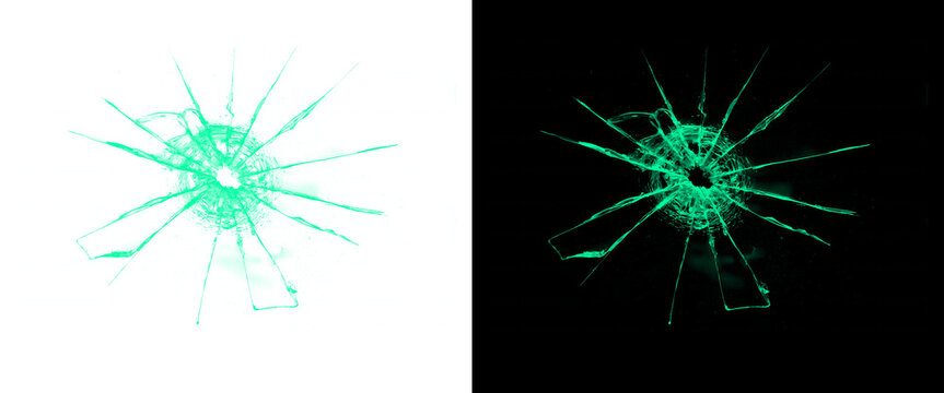 Shattered glass hole with radial cracks, green glowing broken window effect on black and white backgrounds, damaged screen texture for digital overlays