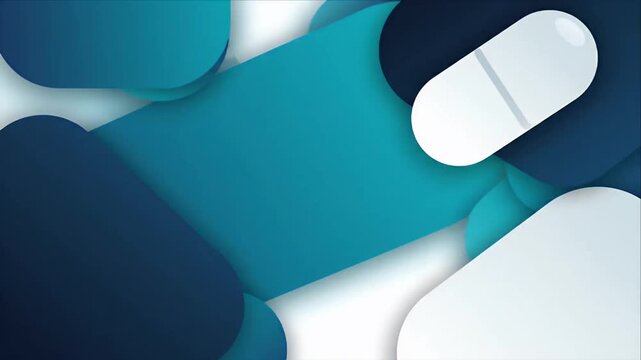 Abstract geometric loop with turquoise, navy, white, and gray rounded shapes, layered capsule pattern, soft shadows, modern medical background, calm dimensional design, seamless visual depth