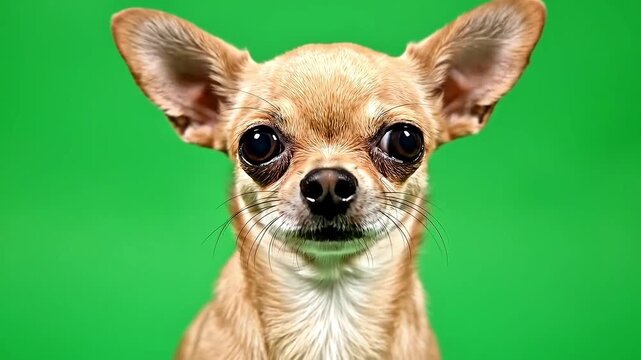Close up portrait of a cute brown chihuahua dog looking directly at camera on green screen background
