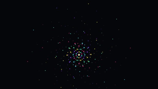 High-definition seamless glowing neon dot background loop featuring blooming neon dot floating lotus loop with vibrant cyberpunk color aesthetics. Ideal for VJ visuals, concert backdrops, digital art,