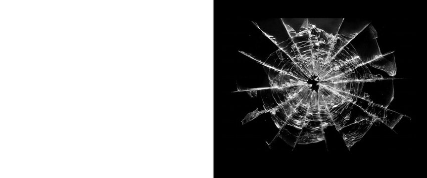 Shattered glass texture with radial cracks, broken window impact effect on black background, realistic glass shards and splintered surface
