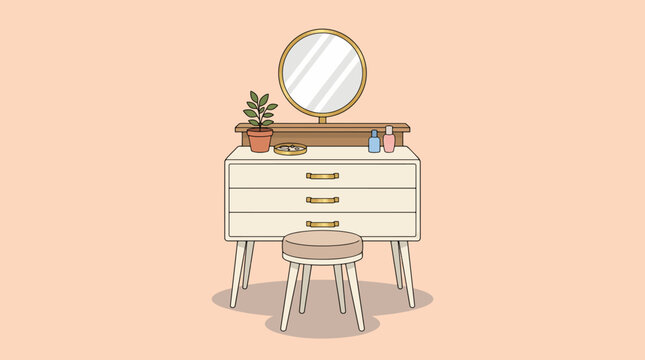 Modern vanity table with round mirror and stool in a minimalist bedroom