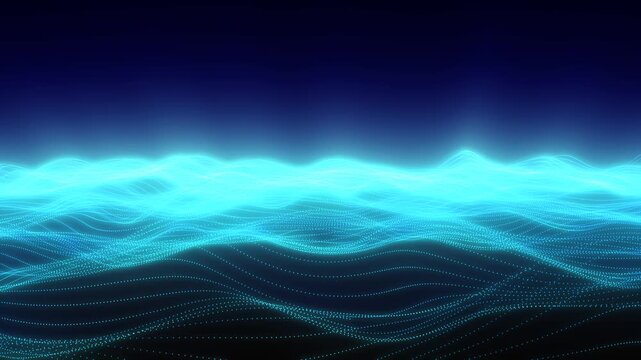 Flowing blue and cyan particle waves form a luminous digital landscape beneath a deep red gradient sky.